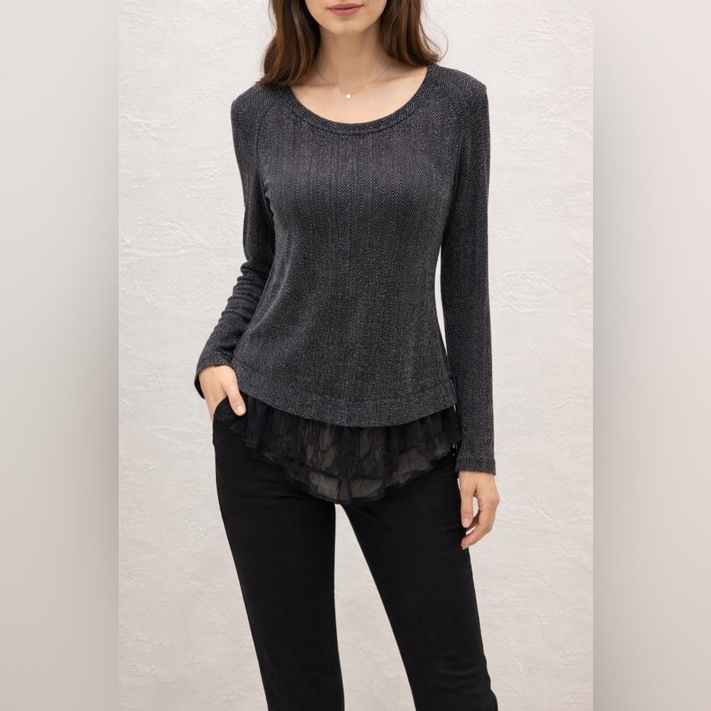 Karen Kane  Women Silver/Black Stretch Metallic Knit‎ Sheer Lace Top $118 size M